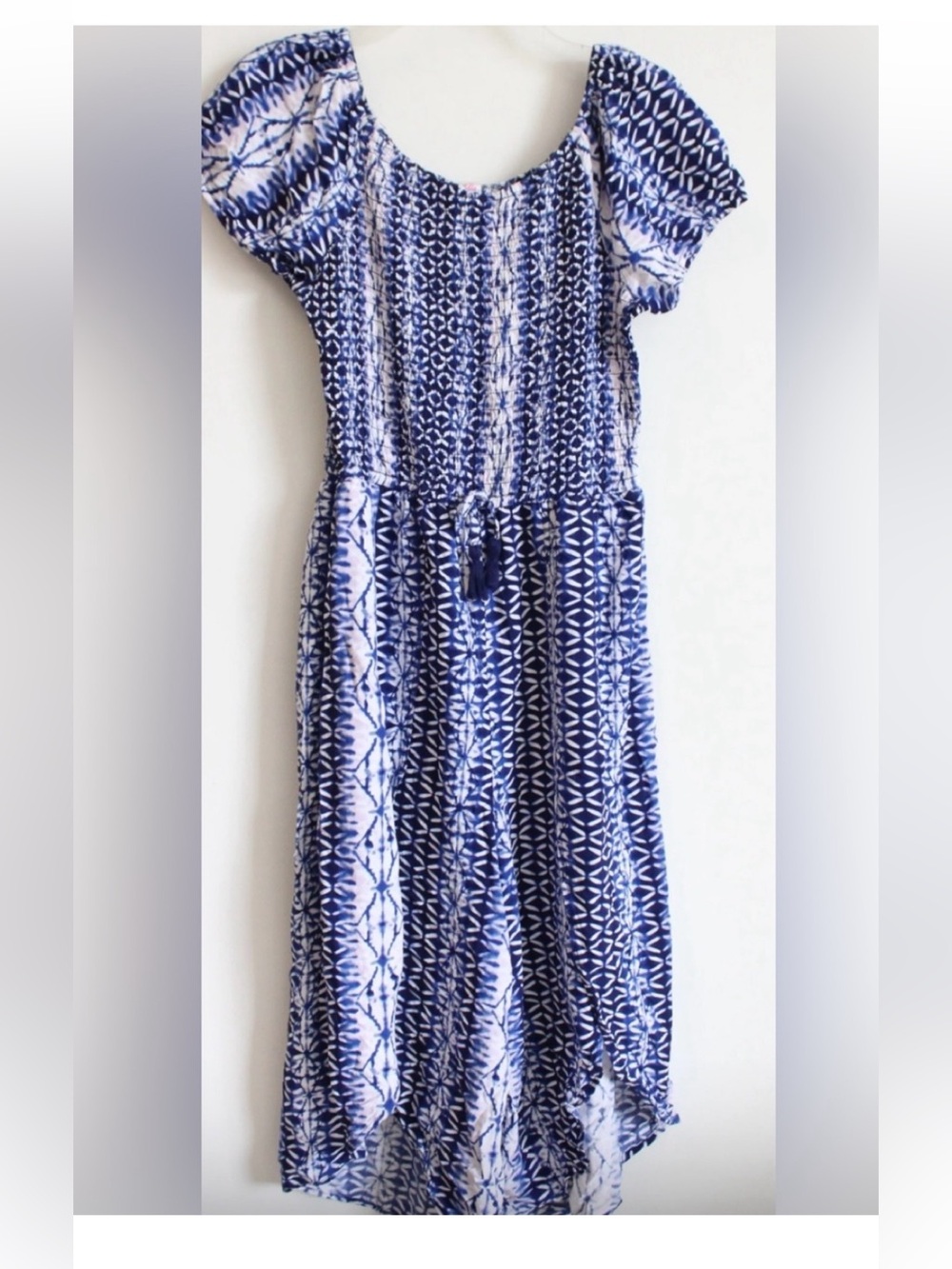 Justice Blue and White Patterned Smocked Slit Leg jumpsuit